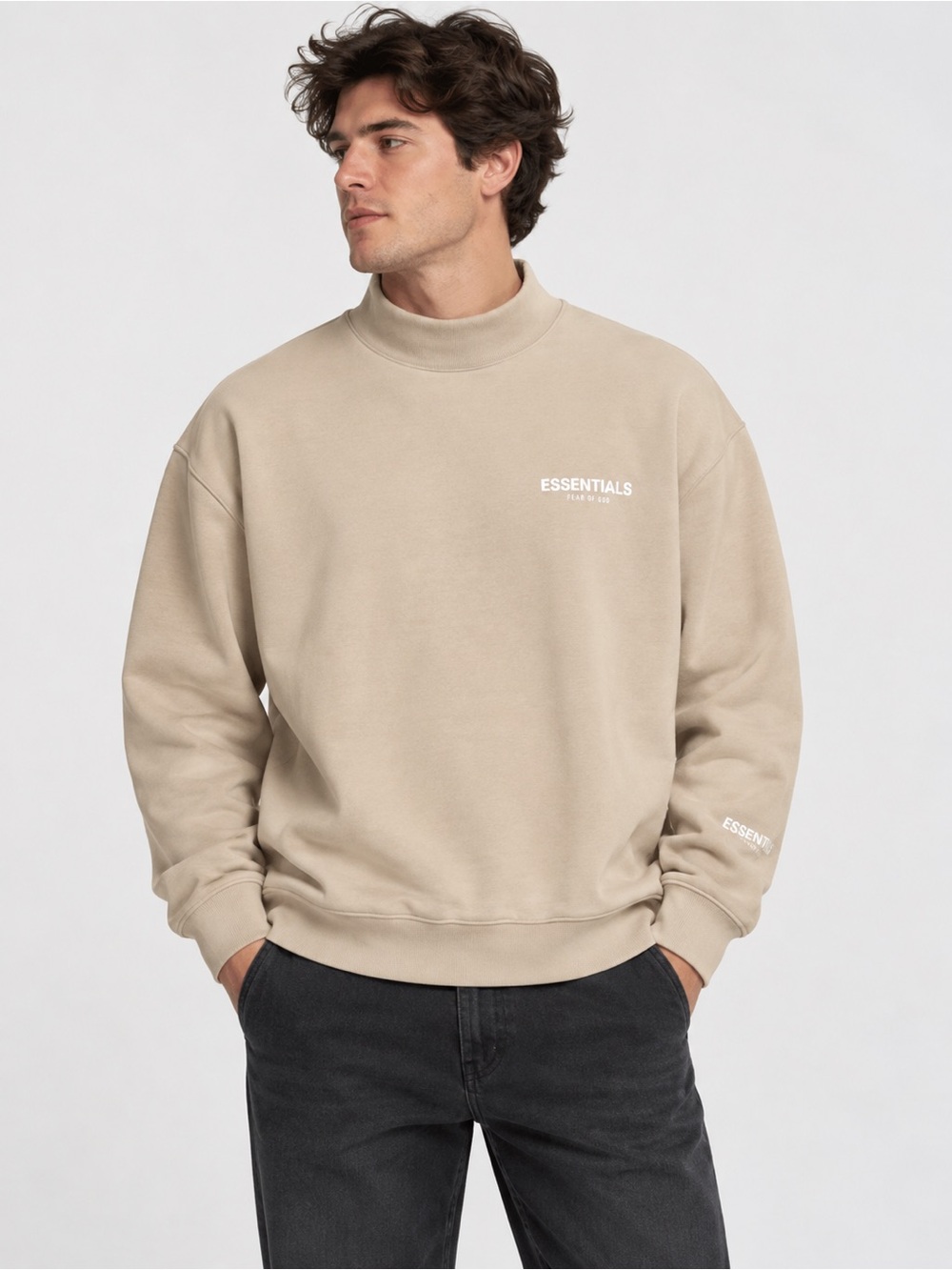 Essentials Fear Of God Men’s L Mock Neck Beige Sweatshirt Logo Street Reflective